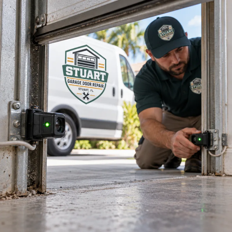 Garage door opener safety sensors aligned near the floor across the opening