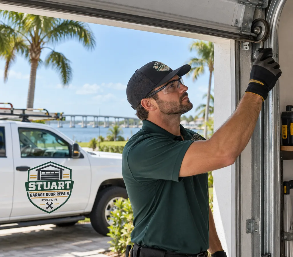 Contractor inspecting the track and rollers of a residential sectional garage door in Stuart