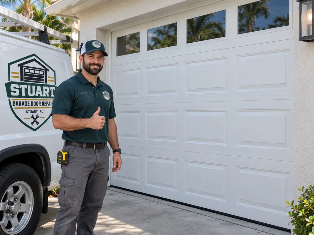 Closed residential garage door with aligned sections and an even bottom seal line