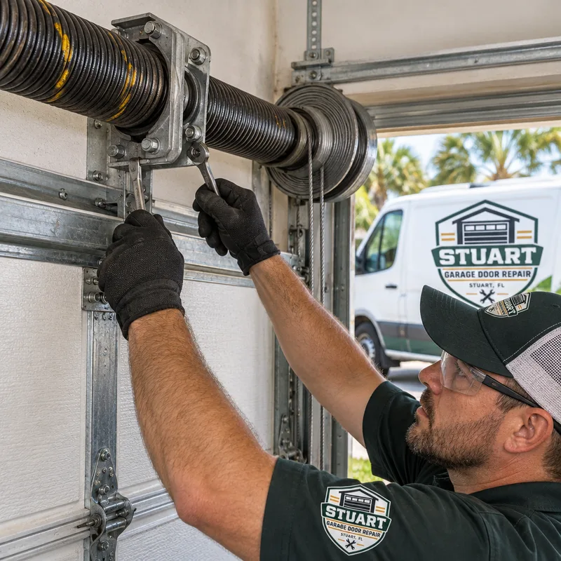 Garage door torsion springs, center bearing plate, cable drums, and seated lift cables