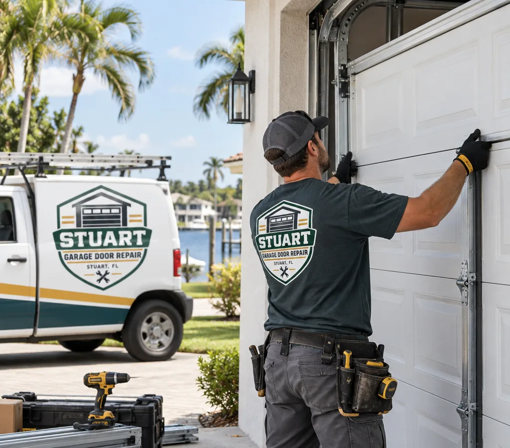 Residential garage door installation in progress with a new sectional door, tracks, and hardware visible