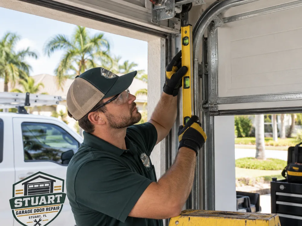 Installer checking garage door headroom and track alignment beside a torsion spring tube and flag bracket