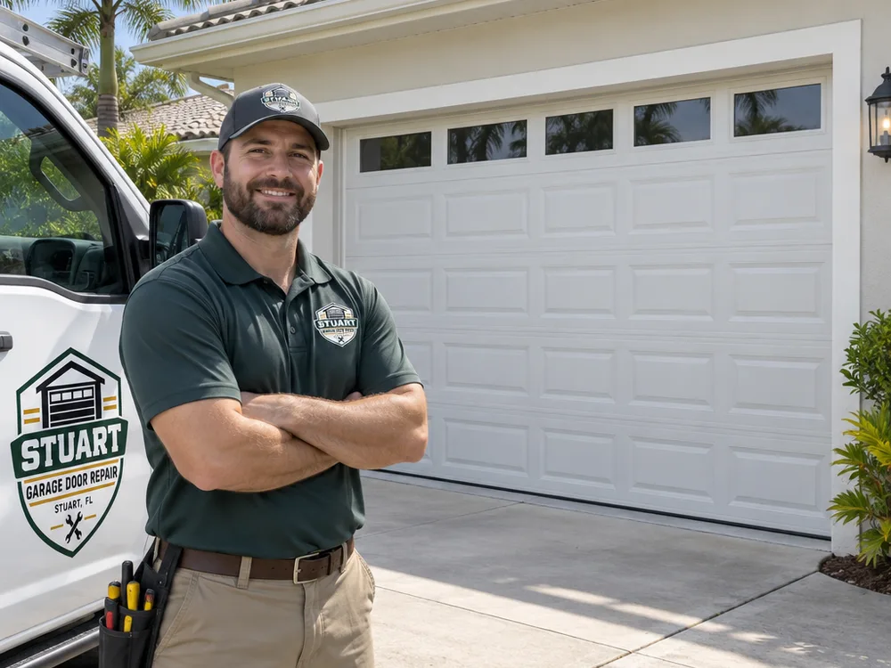 Finished two-car sectional garage door with aligned panels and visible side weather seals