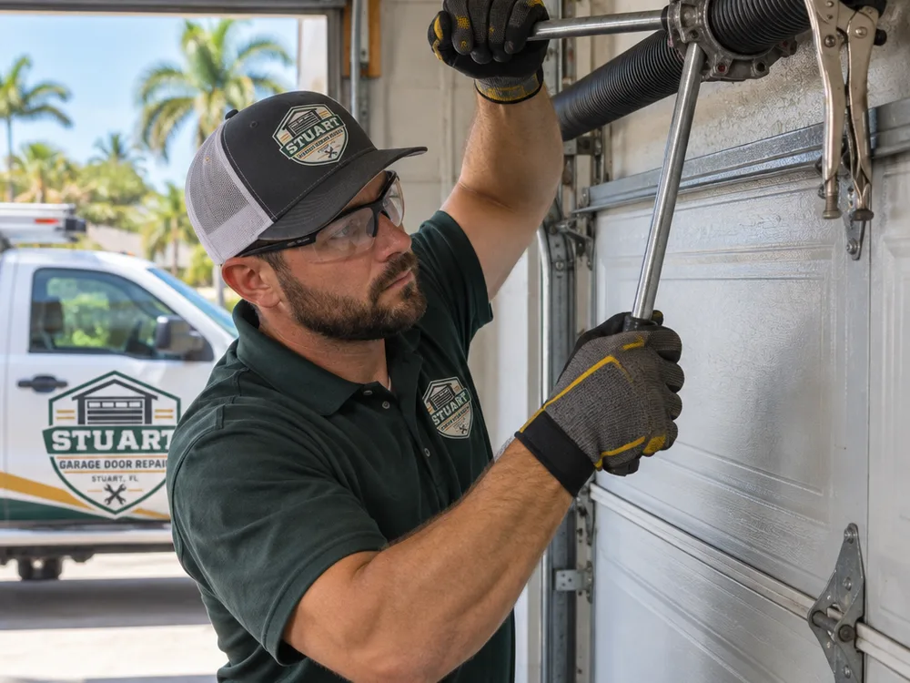 Contractor using winding bars on a torsion spring while the closed garage door is secured