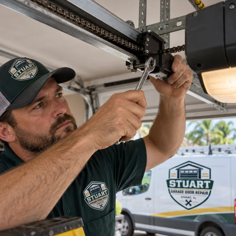 Contractor adjusting garage door opener chain tension at the rail with a wrench