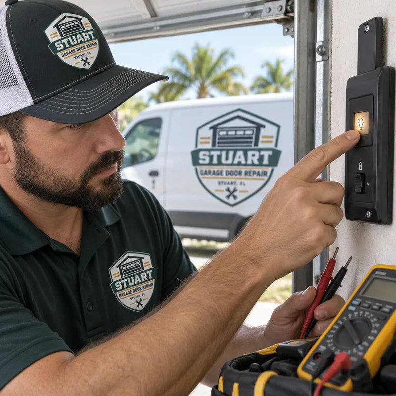 Contractor testing a wall-mounted garage door opener control panel and nearby wiring