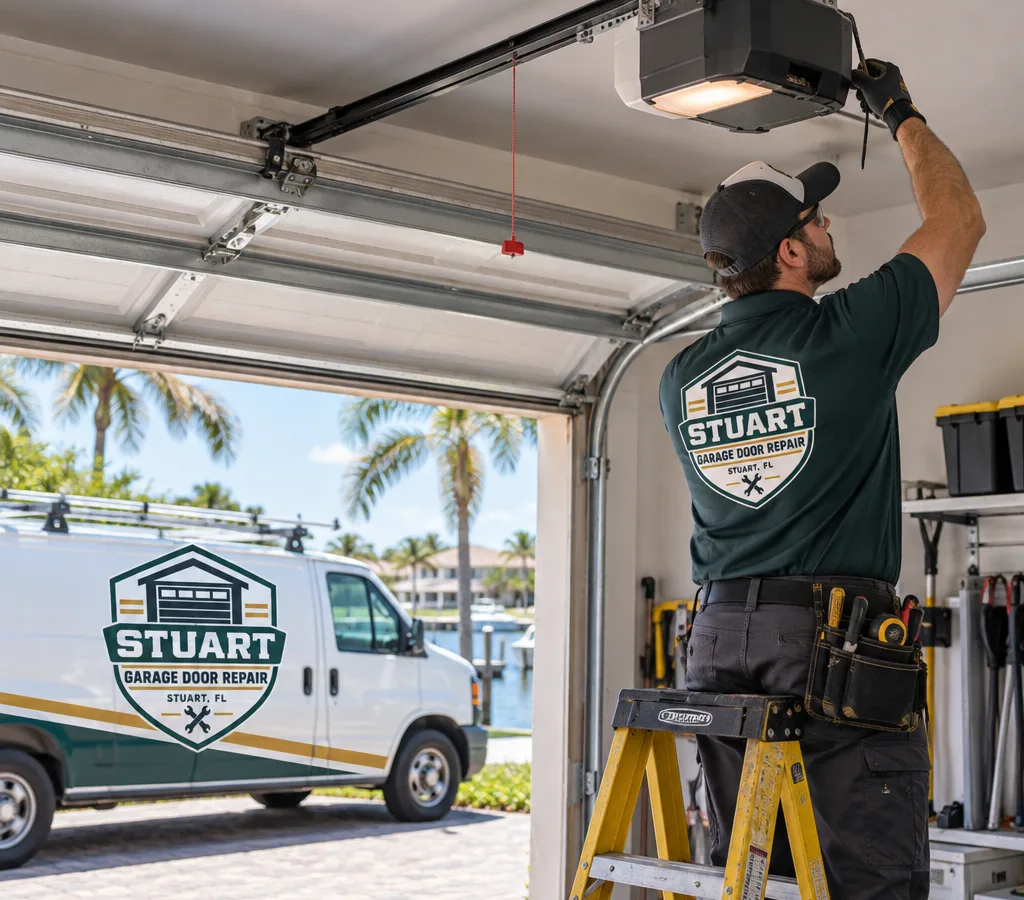 Contractor inspecting a residential garage door opener head unit and overhead rail connection