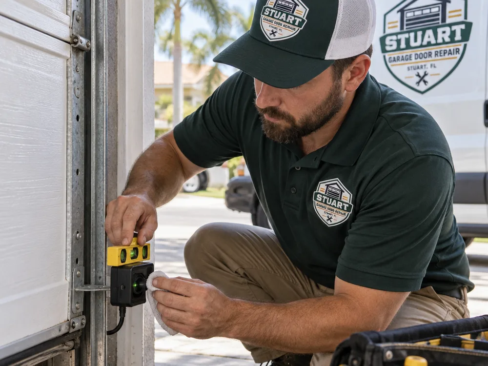 Contractor aligning and cleaning garage door opener photo-eye safety sensors near the floor