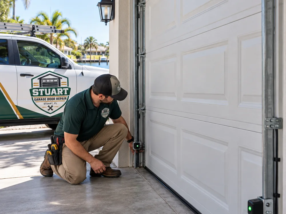 Garage door safety sensors with steady indicator lights, tidy wiring, and secure brackets