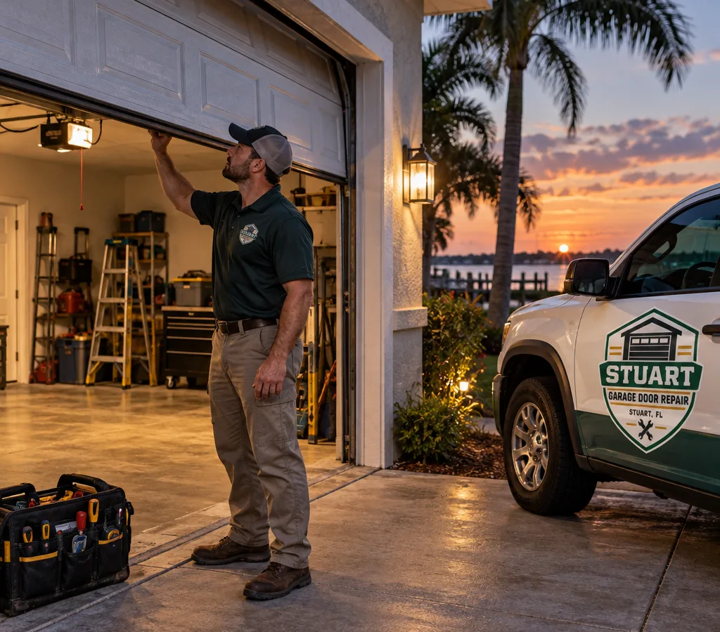 Residential garage door partially open at dusk with the garage interior illuminated