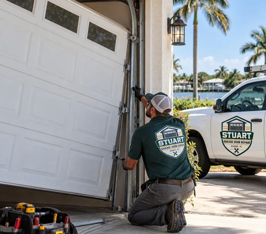 Residential sectional garage door cocked in its opening while a contractor assesses the vertical track