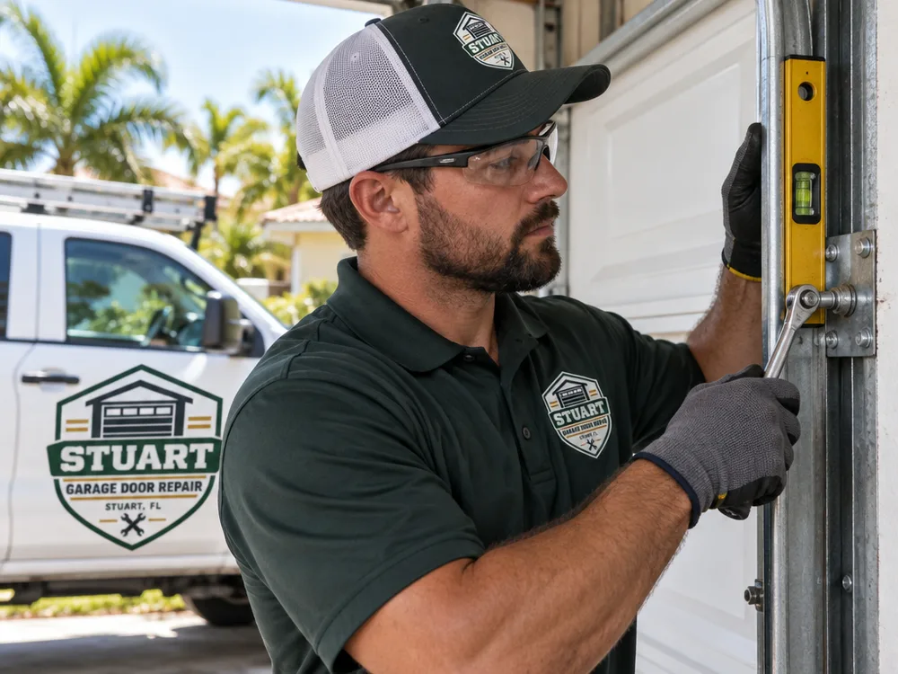 Contractor leveling a garage door track and tightening flag bracket hardware