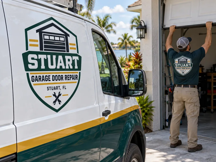 Contractor safely testing garage door balance with the opener disconnected at a Stuart-area home